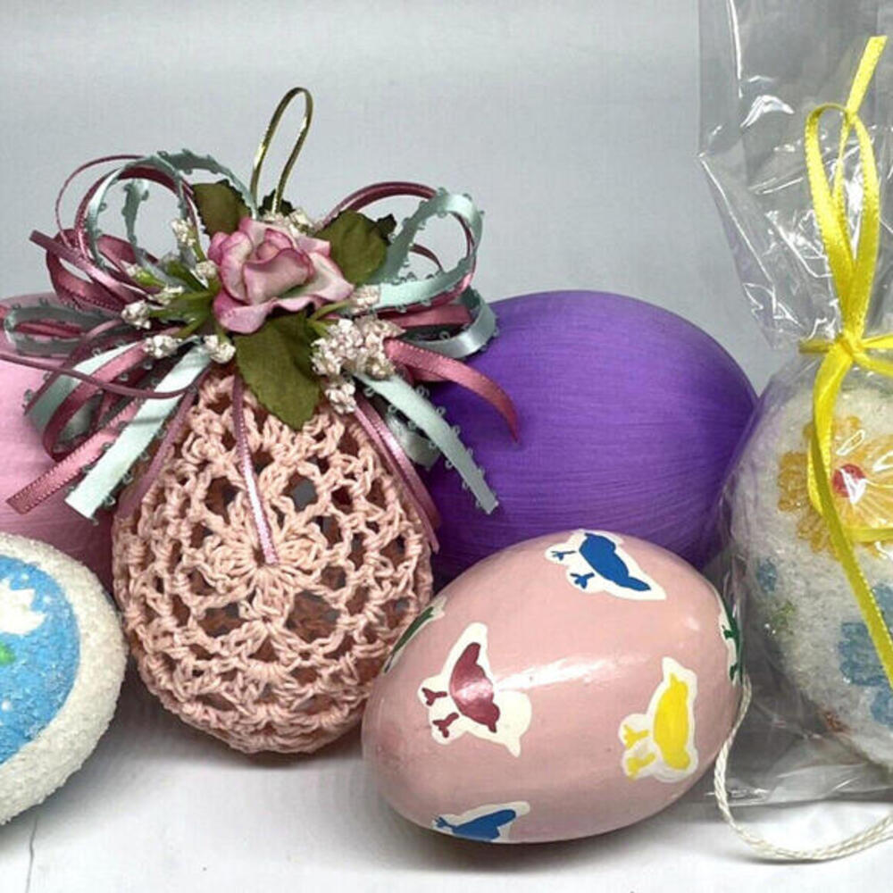 Easter Egg Ornaments Satin Sugar Crochet‎ Mixed LOT of 6 Vintage